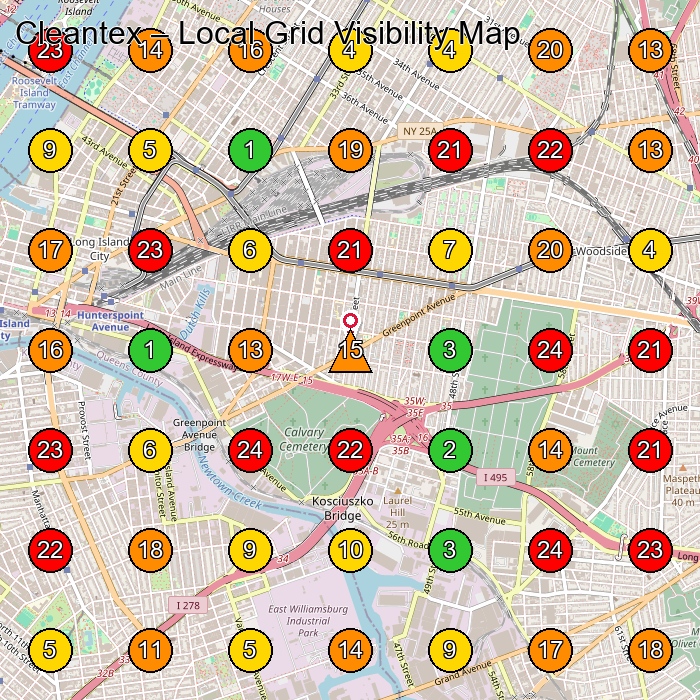 Cleantex Upholstery Cleaning Service GeoGrid ranking map for Long Island City NY